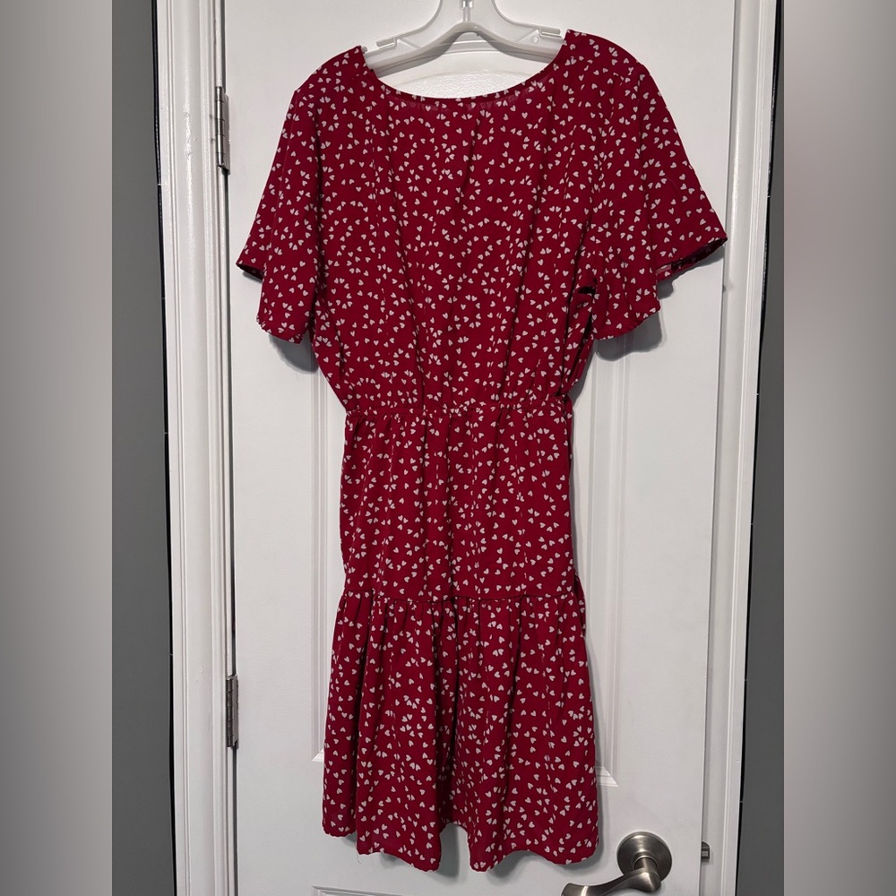 Red Floral V-Neck Short Sleeve Dress L Plus - Picture 6 of 6